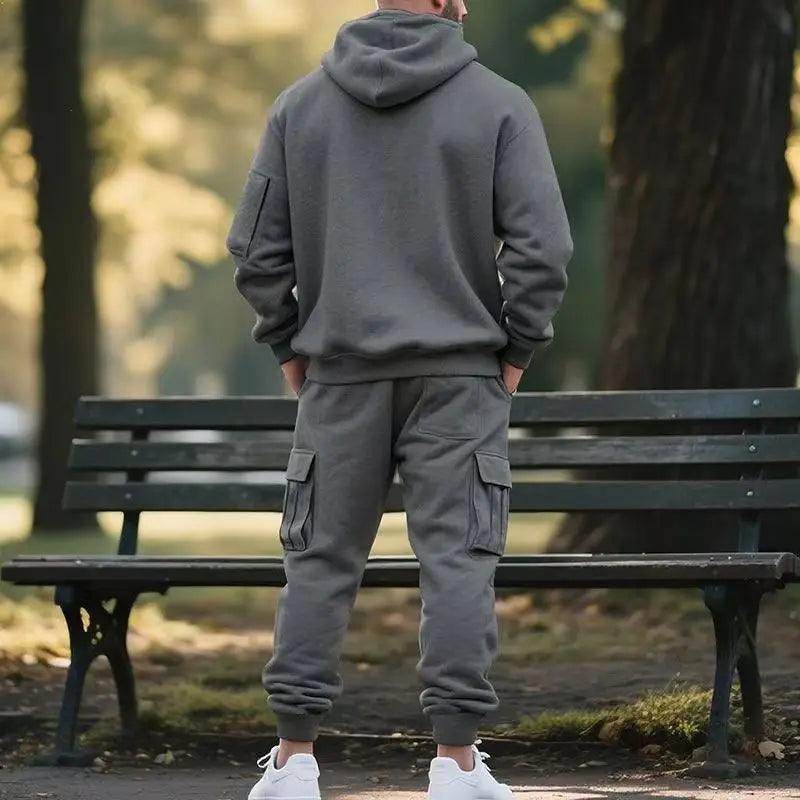 Men's Fleece Hooded Sweatshirt Set Trendy Solid Color Autumn Winter Sports Leisure European American Style 2025