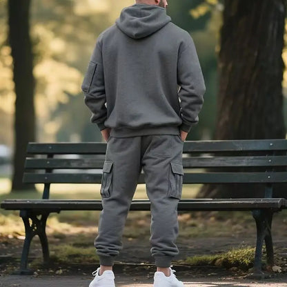 Men's Fleece Hooded Sweatshirt Set Trendy Solid Color Autumn Winter Sports Leisure European American Style 2025