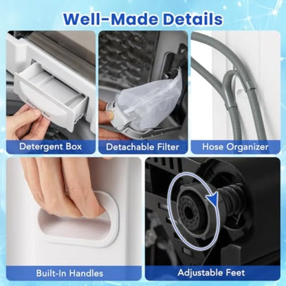 Portable washing machine for apartment and RV use, white plastic unit with full automatic operation, 8 wash modes, 10 water lev