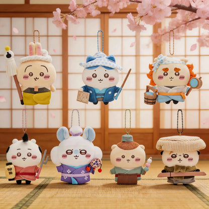 jiyi Edo Samurai Plush Keychain Japanese Anime Cute Usagi Hachiware Ushachi Pendant Soft Fluffy Bag Charm Accessory for Fans