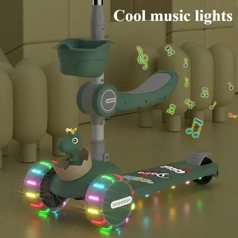 3-in-1 Kids Kick Scooter with Adjustable Height Handlebars & Removable Seat LED Lights Music for Boys Girls Outdoor Riding Toys