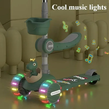 3-in-1 Kids Kick Scooter with Adjustable Height Handlebars & Removable Seat LED Lights Music for Boys Girls Outdoor Riding Toys