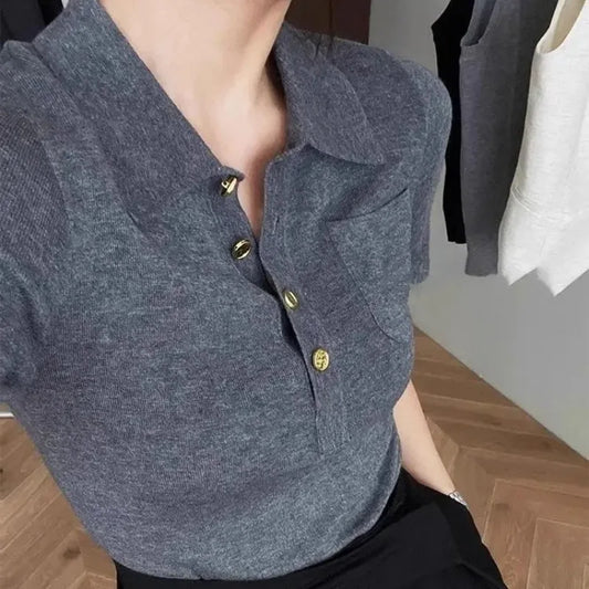 FANAN French Polo Collar Gray Short-sleeved Sweater for Women in Summer Short High-end Style Ice Silk Shoulder T-shirt Top