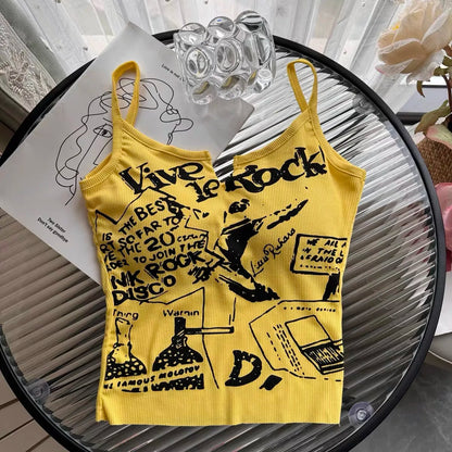 Sexy Y2K Spicy Girl  Strap Vest Women Summer American Short Print Sleeveless Top Inner Wear Commute Style Slim Fit