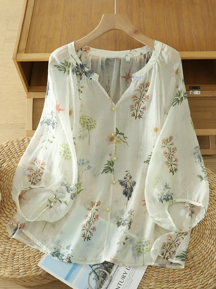Lightweight Summer Floral Cotton Linen Shirt Loose Lantern Sleeve Women's Top plus Size V-Neck Short Sleeve Printed Blouse