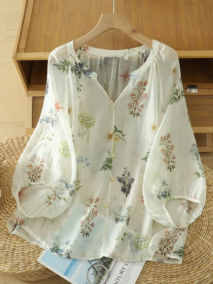 Lightweight Summer Floral Cotton Linen Shirt Loose Lantern Sleeve Women's Top plus Size V-Neck Short Sleeve Printed Blouse