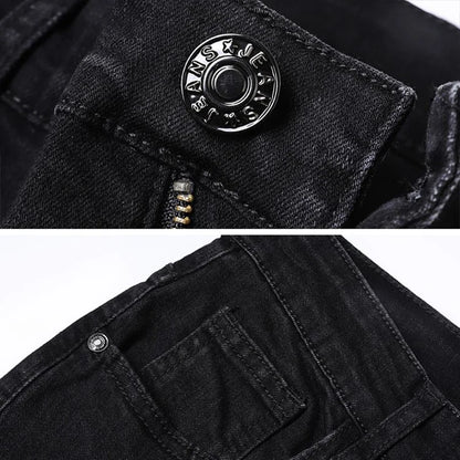 Amekaji Men Fashion  Slim Fit Jeans Male Elasticity Smart Casual Mid Classics Straight Denim Pants Wedding Party Black Trousers