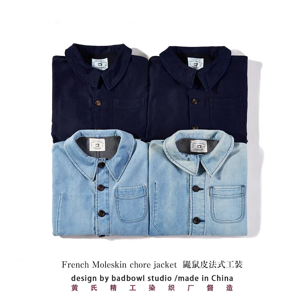 2026 Spring Round Collar Mole Skin French Four Bag Workwear Jacket Heavy Duty Washed Vintage Styleouter Garment Loose Fit Coat