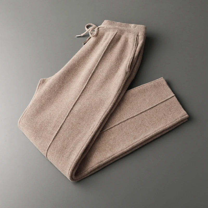 Men Wool Pants Autumn Winter 100%Merino Wool Thick Warm Smart Casual Trousers Knitwear Elasticity Waist Basic Sport Pants ﻿