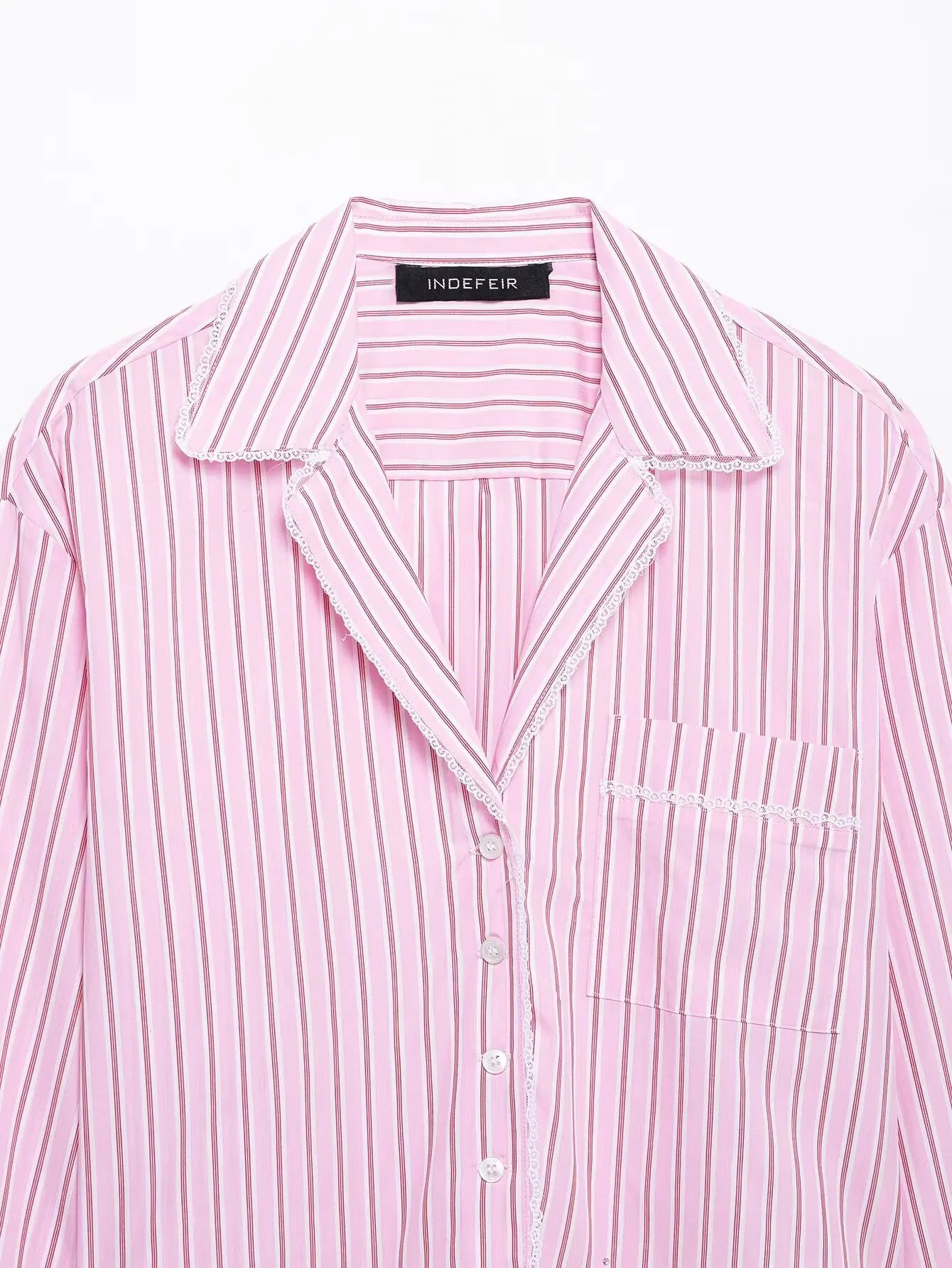 HH Women Striped Pants Suit Lapel Pocket Single-breasted Blouse+Side Zipper Lace Short Top+High Waist With Belt Poplin Pant