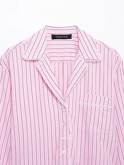 HH Women Striped Pants Suit Lapel Pocket Single-breasted Blouse+Side Zipper Lace Short Top+High Waist With Belt Poplin Pant