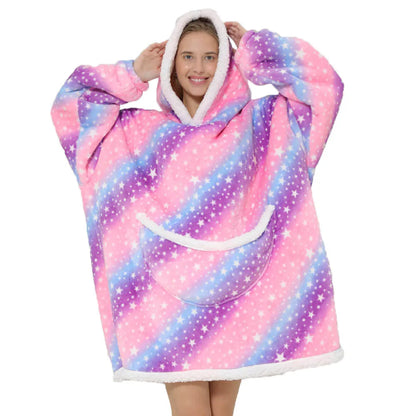 2024 Blue Animal Flannel Blanket with Sleeves Winter Hoodie Sweatshirt Women Men Fleece Giant TV Blanket Oversized for Couples