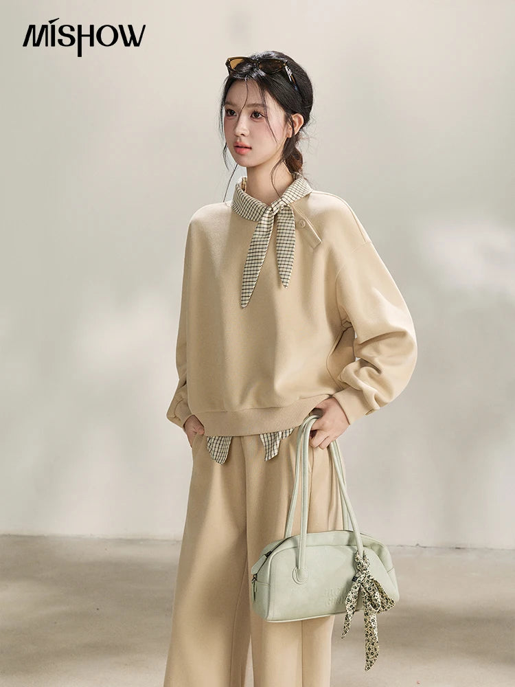 MISHOW Women's Plaid Tie Neck Sweatshirt 2026 Spring Splice Fake Two Piece Casual Tops Cotton Loose Beige Pullover MXF108V0464