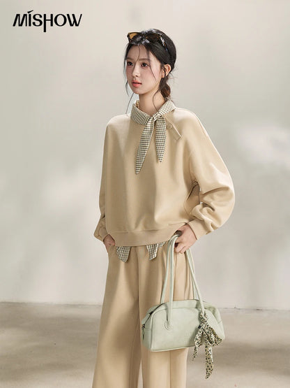 MISHOW Women's Plaid Tie Neck Sweatshirt 2026 Spring Splice Fake Two Piece Casual Tops Cotton Loose Beige Pullover MXF108V0464