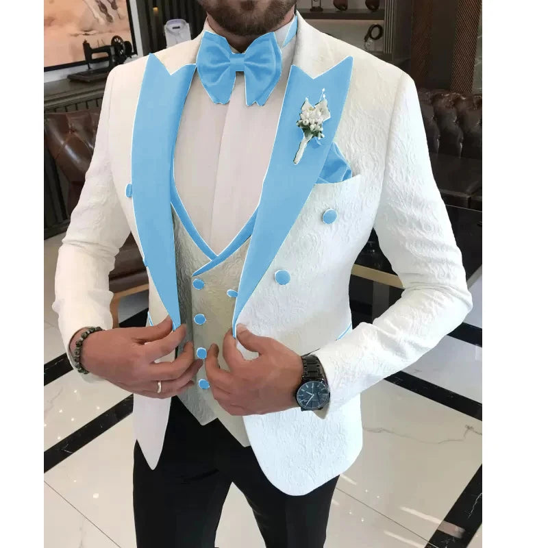 Floral Wedding Suits for Men Double Breasted Jacket with Vest Pants 3 Pieces Peak Lapel Groom Tuxedo Male Fashion Suit