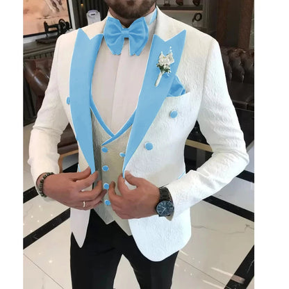 Floral Wedding Suits for Men Double Breasted Jacket with Vest Pants 3 Pieces Peak Lapel Groom Tuxedo Male Fashion Suit
