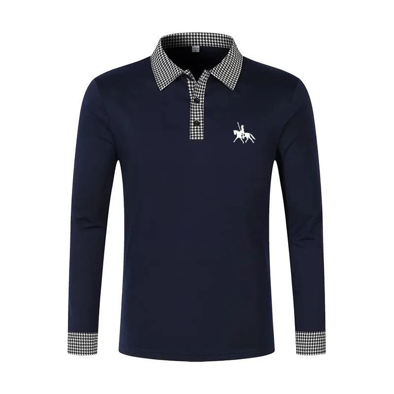 Men's Houndstooth Patchwork Long Sleeve Polo Shirt Classic Casual Business Tops Breathable Lightweight Knitwear for Spring Fall