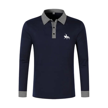 Men's Houndstooth Patchwork Long Sleeve Polo Shirt Classic Casual Business Tops Breathable Lightweight Knitwear for Spring Fall
