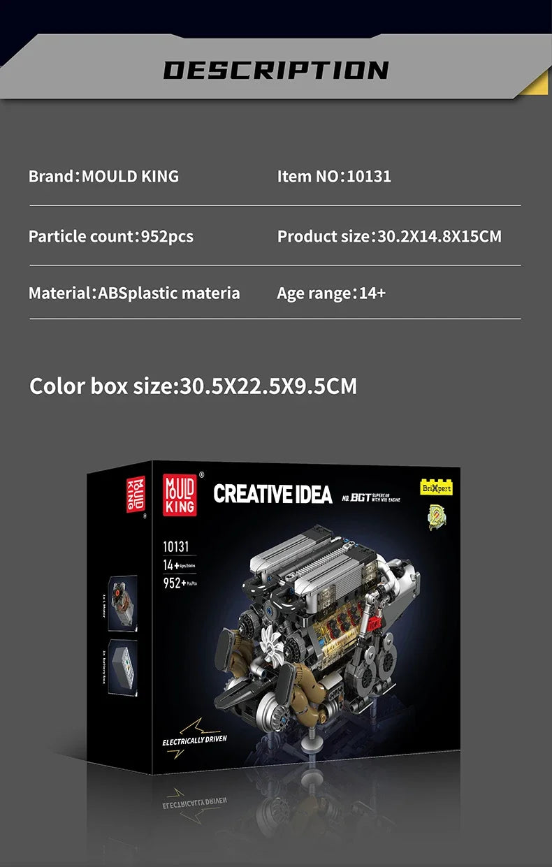 MOULD KING MOC Technik 10131 Technincal W16 Engine for BGT Supercar Building Block Set Assembly Car Brick DIY Toys Kids Boy Gift
