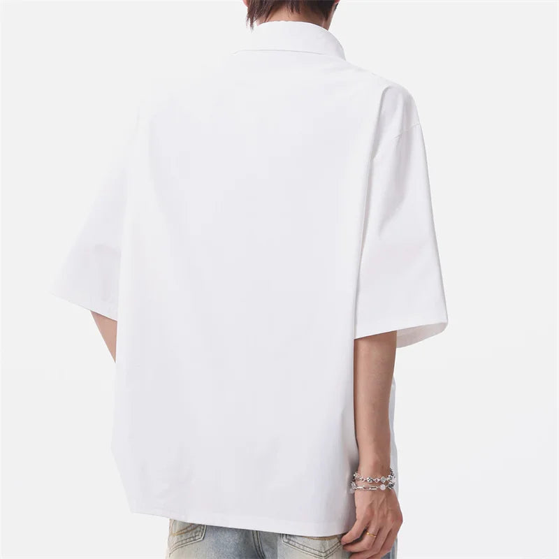 Summer Men's Metal Button Solid Color Lapel Polo Shirts Retro High Street Asymmetrical Oversized Tshirts Y2K Casual Fashion Tops