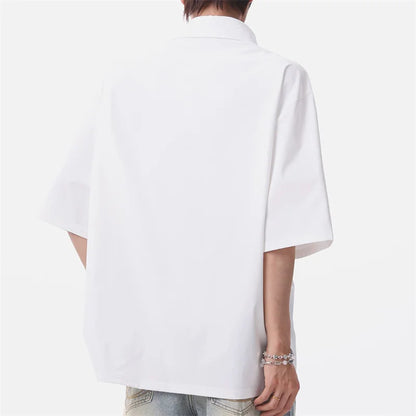 Summer Men's Metal Button Solid Color Lapel Polo Shirts Retro High Street Asymmetrical Oversized Tshirts Y2K Casual Fashion Tops