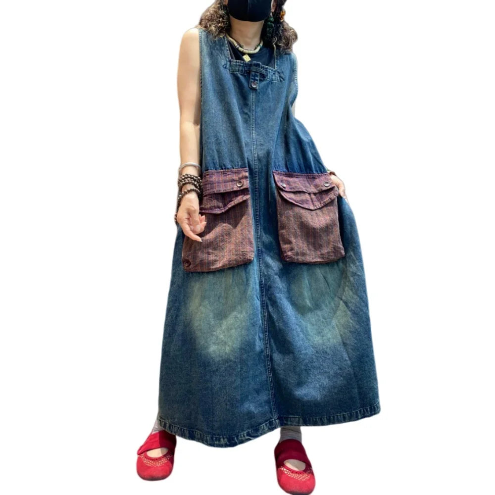 Color-blocked Large Pocket Denim Dress Women Sleeveless Suspender Tank Dress XY326