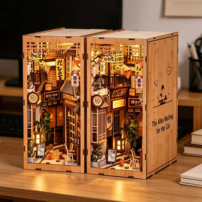 Zuuton DIY Wooden Book Nook Shelf Insert Kit Japanese Alley Miniature Model with LED Light 3D Puzzle Bookend Creative Gift Home