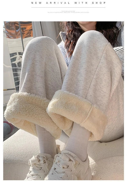 Thickened Fleece Women's Sports Pants Autumn Winter New Style Casual Loose Wide Leg Sweatpants High Waist Polyester Fiber