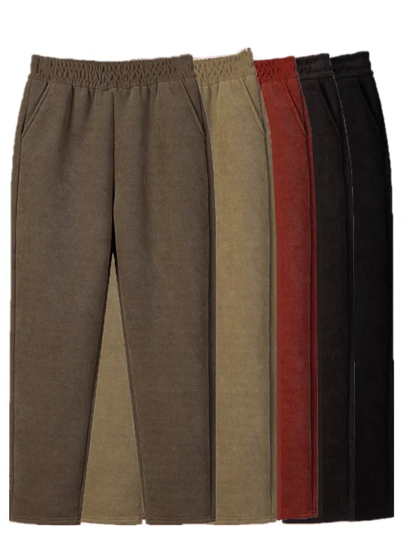Women's Autumn Winter Thickened Corduroy Straight Leg Pants High Waist Elastic Closure Warm Casual Trousers Fashionable