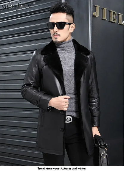 YOLANFAIRY Natural Leather and Fur Jackets for Men Midium Pure Sheepskin Genuine Leather Jacket Lapel Mens Winter Coat Thick 6XL