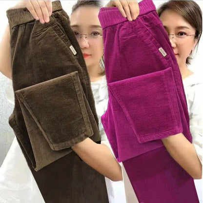 Autumn Winter Thickened Corduroy Casual Harlan Pants for Mom High Waist Loose Fit Straight Leg Casual Outerwear Polyester Fiber