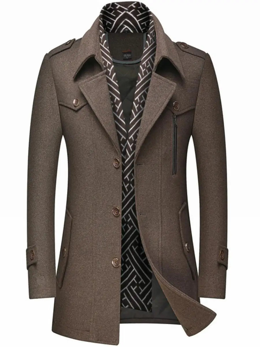 Thickened Men's Woolen Coat Scarf Collar Mid-Length Tweed Outerwear Winter Fashion Slim Fit Pocket Detail Pure Color Design