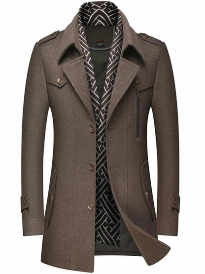 Thickened Men's Woolen Coat Scarf Collar Mid-Length Tweed Outerwear Winter Fashion Slim Fit Pocket Detail Pure Color Design