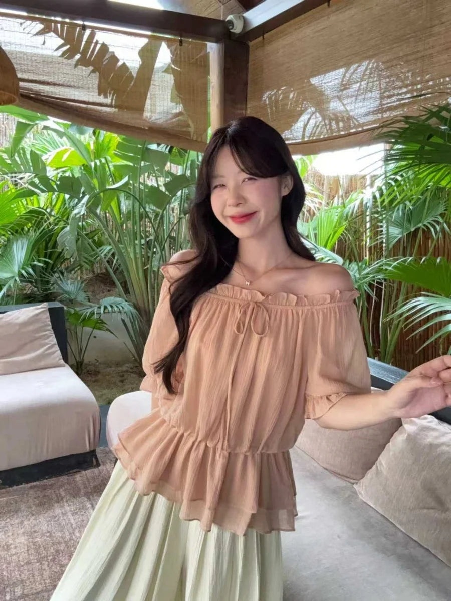 plus Size Women's Sweet Style One Shoulder Chiffon Top Summer Slimming Shirt Casual Loose Fit Short Sleeve Regular Length
