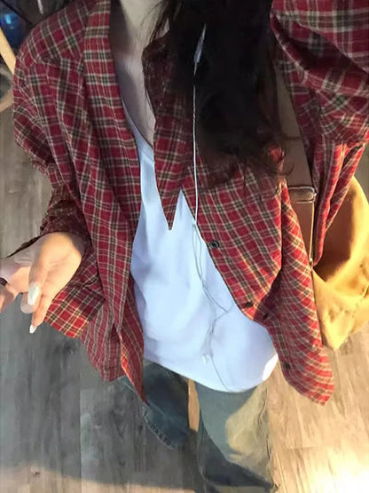 Red Plaid Loose Long Sve irt Women's Spring 2026 New Lazy Sle Coat Top Commute Pattern Button oulder Drop Length