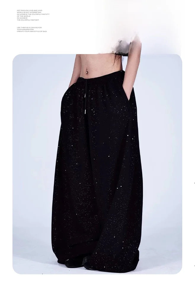 American Style Hip Hop Glitter Sports Pants Women's Spring Summer Loose Wide Leg Sweatpants Jazz Dance Floor Length Pants