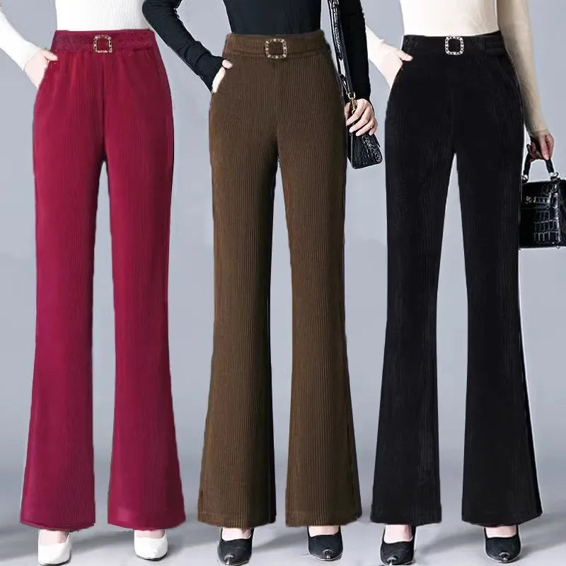 plus Size Flared Pants for Women Autumn Winter Fce Lined Casual High Waist Nine Points ket Pants for Middle-Aged Mothers