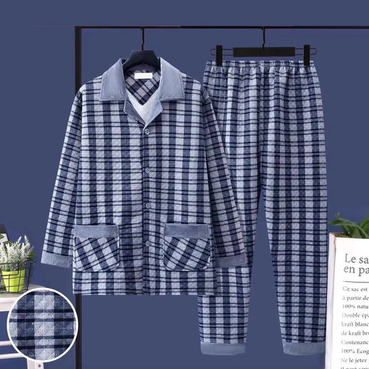 Thickened Loose Long Sleeve Air Layer Cotton Pajamas Set for Men Autumn Winter Home Clothes Set Warm Flannel Sleepwear for Mi...