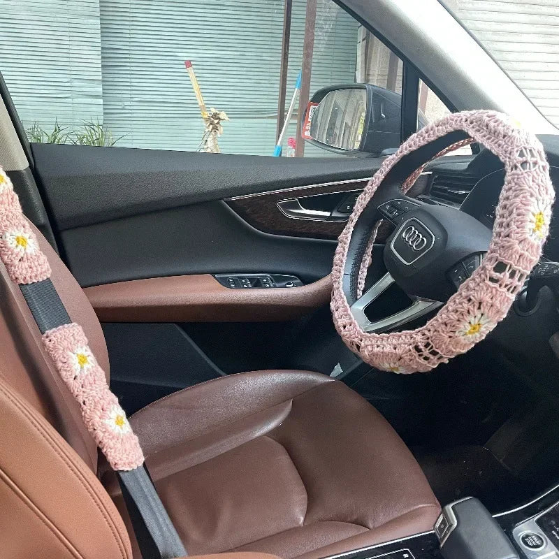 Warm Anti-Slip Hand Crocheted Flower Car Steering Wheel Cover Simple Stylish Winter Car Decor Safe Driving Seat Belt Accessory