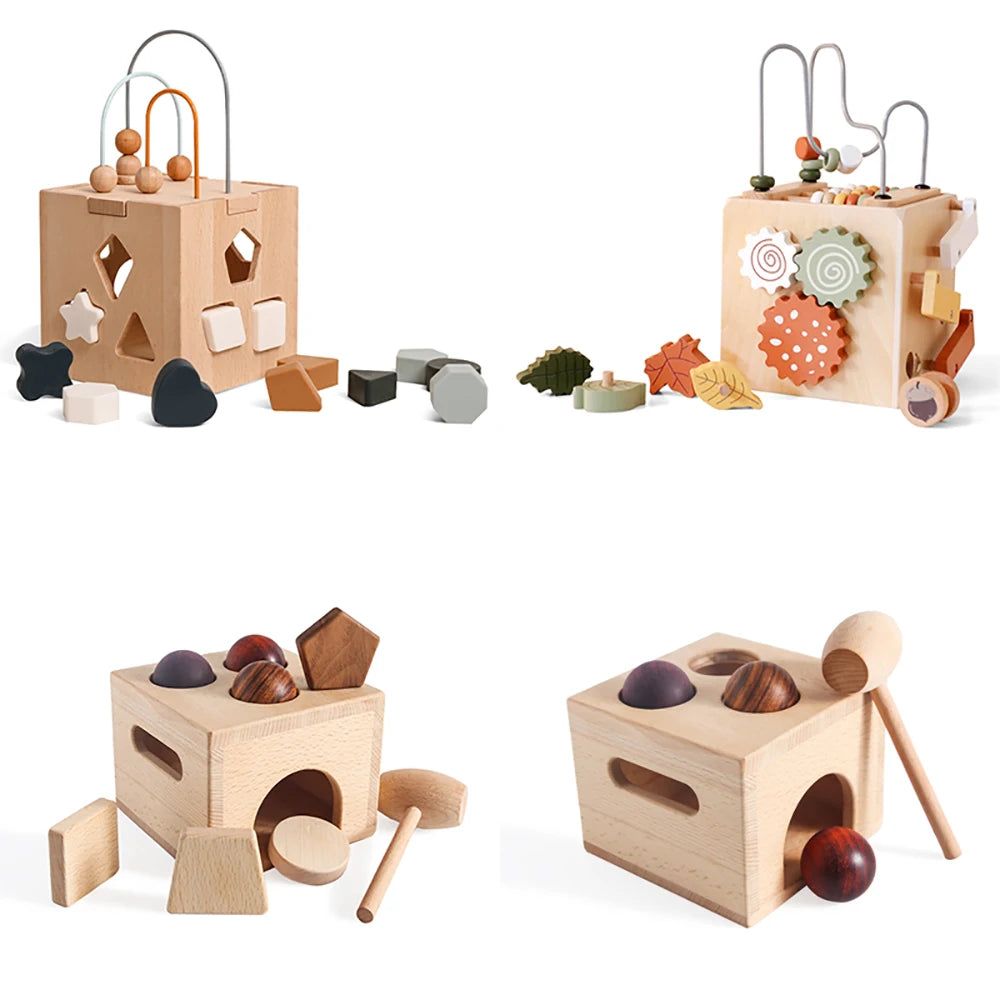 Children's Montessori Toys Wooden Building Blocks Shape Matching Toys Kids Educational Wooden Box Puzzle Toys Stacking Game