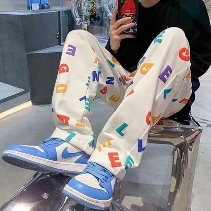 Men's Plus Size Printed Pants Loose Fit Korean Style Sports Joggers Autumn Casual Long Trousers Big Size Fashion for Daily Wear