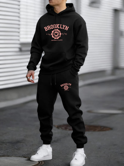 Brooklyn Best Team Heart Print Men Sportsuit Autumn Hip Hop Hoodies Soft Fleece Simple Pants Maleloose Fashion Sportswears