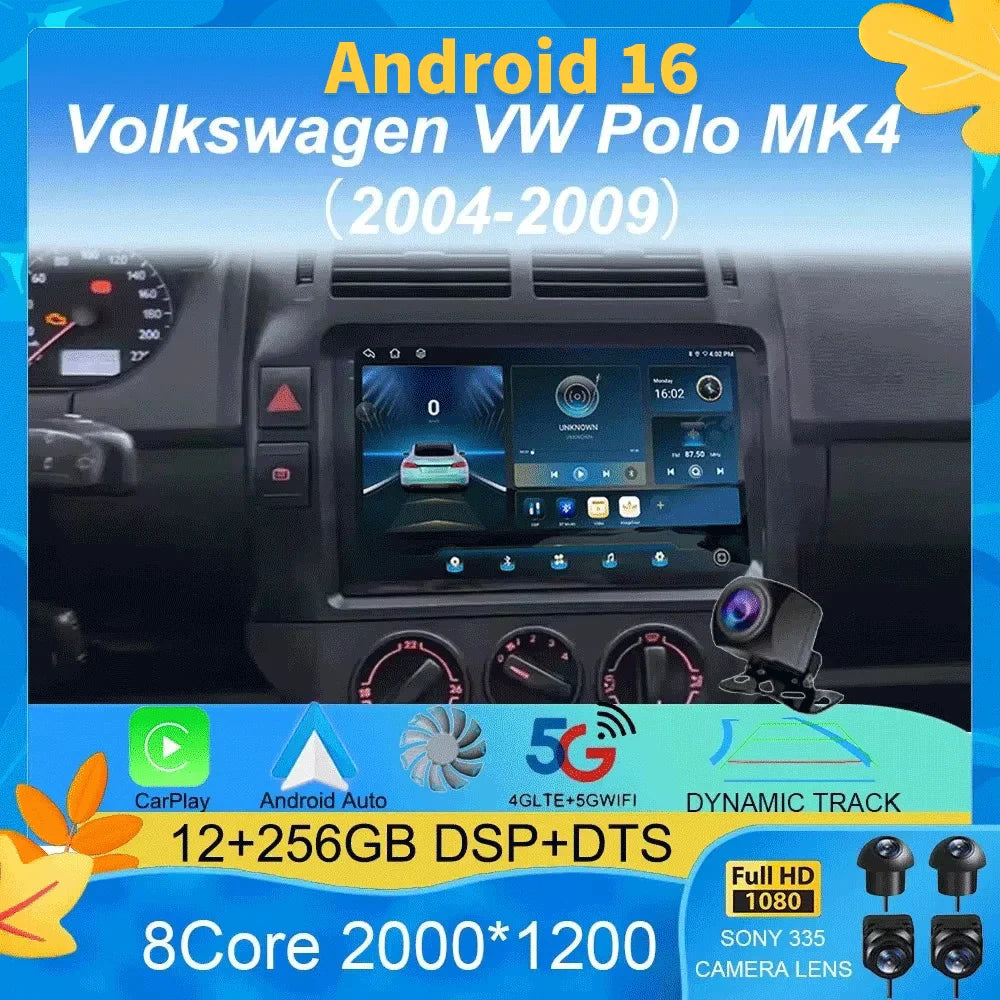 For Volkswagen VW Polo MK4 6Q 9N 9N3 2004- 2009 Car Radio Android 16 Auto Multimedia Video Player GPS Carplay QLED Screen Stereo