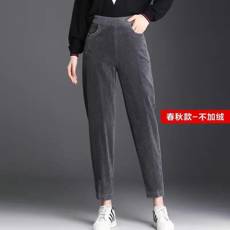 Thiened Fce Lined Corduroy Straight Leg Pants for Mom High Waist Korean Sle Commute Faion Winter Casual Trousers