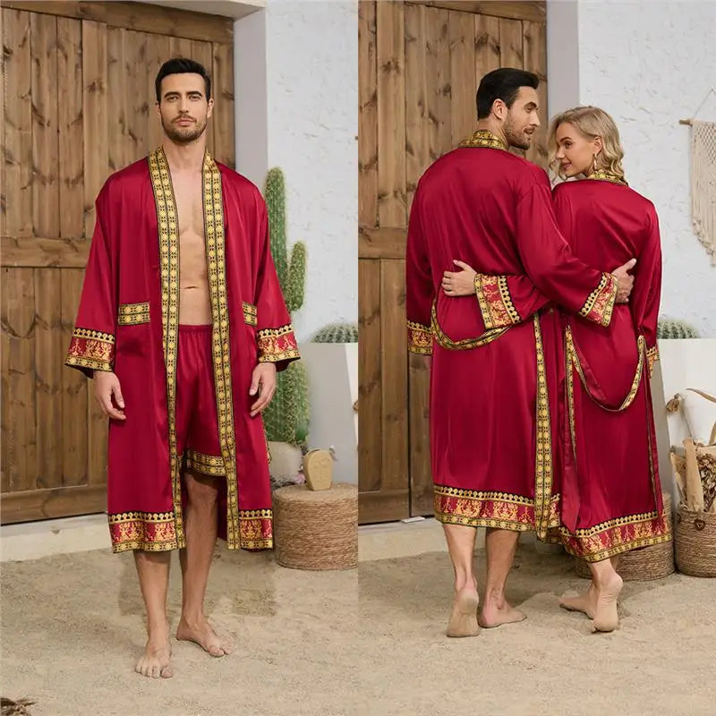 Baroque Style Couple Sleep Robe Long Sleeve Luxury Satin Bathrobe WP3403 Oversize Autumn Winter Home Clothes Men's Robe