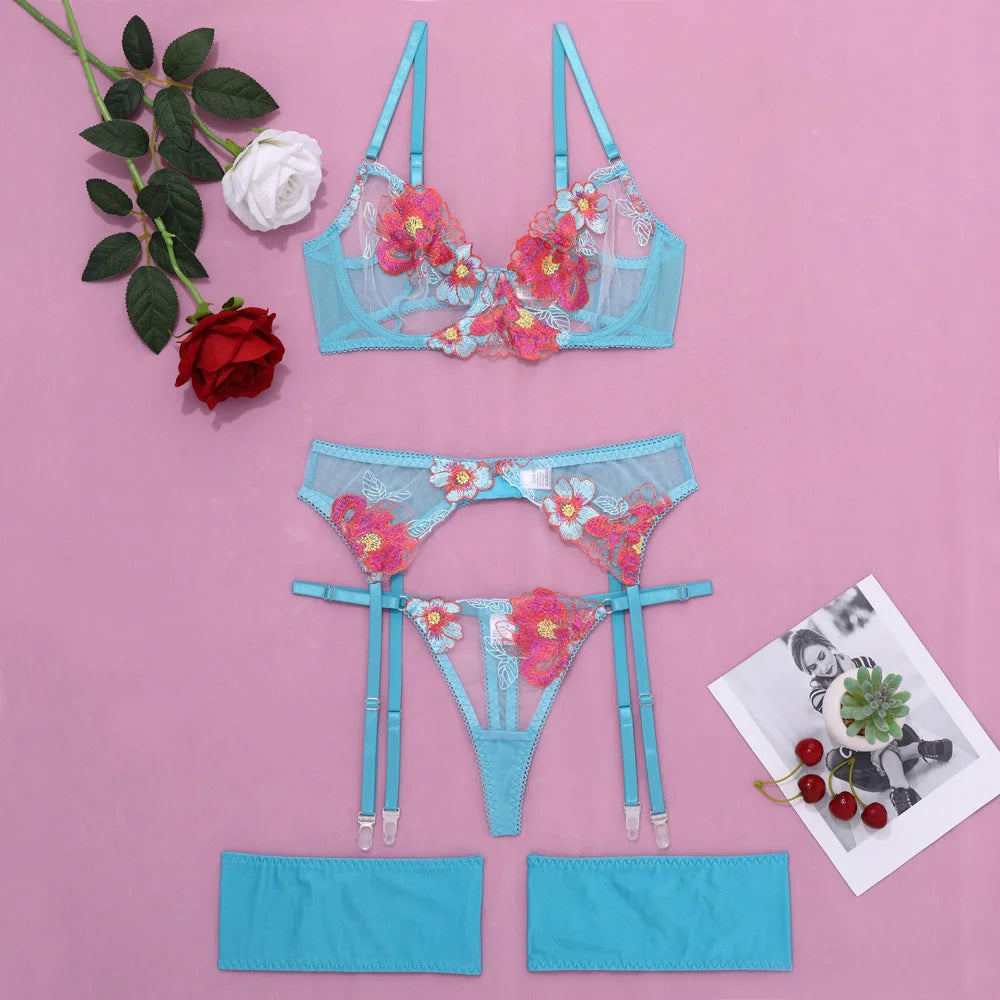 Tornova Sexy Embroidery Lingerie Suit for Women Mesh Patchwork Embroidery Women's Underwear Suit Sexy Garters Mesh Underwear Set