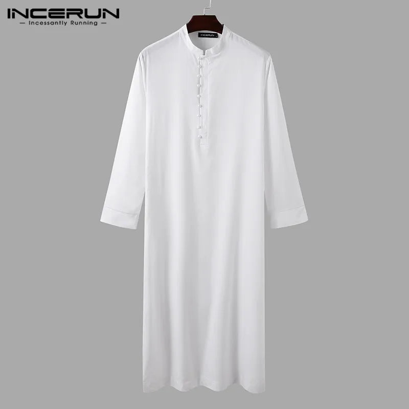 INCERUN Muslim Men Jubba Thobe Solid 2024 Long Sleeve Thin Robes Kaftan Stand Collar Islamic Arabic Fashion Men Caftan S-5XL