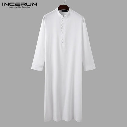 INCERUN Muslim Men Jubba Thobe Solid 2024 Long Sleeve Thin Robes Kaftan Stand Collar Islamic Arabic Fashion Men Caftan S-5XL