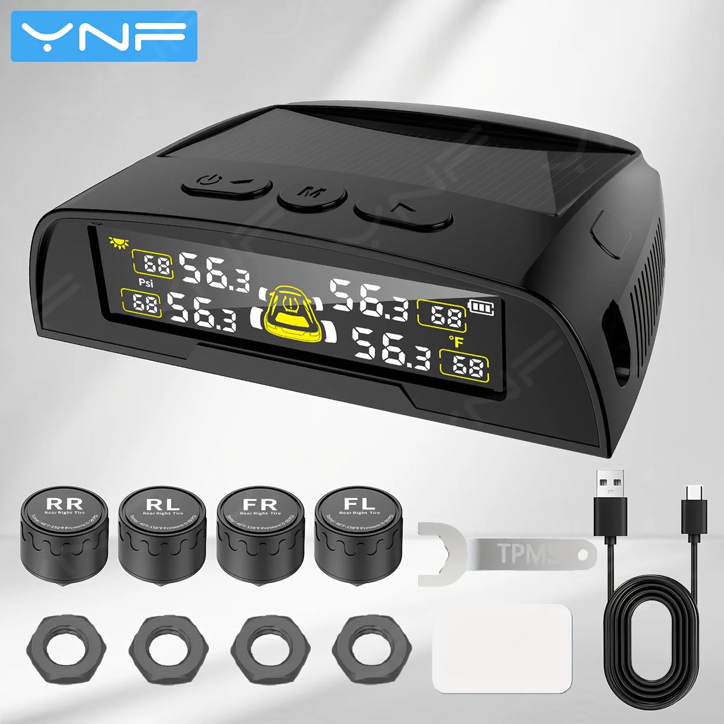 YNF Tire Pressure Monitoring System with Solar Charge, +number plate TPMS with 4 Sensors，3-Digit Display for More Precise Tire P