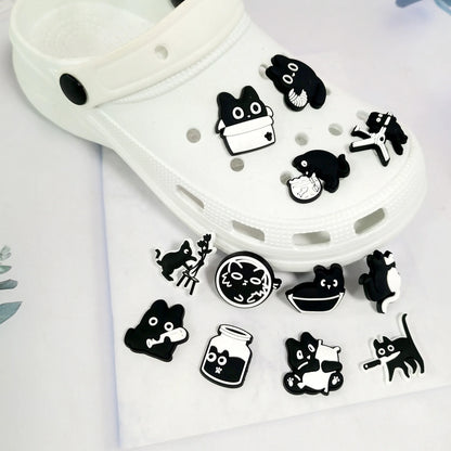 New 1-13pcs Cute Animal Black Cat PVC Garden Shoe Charms Sandal Buckle Boys Girls Cartoon Hole Slipper Accessories DIY Backpack